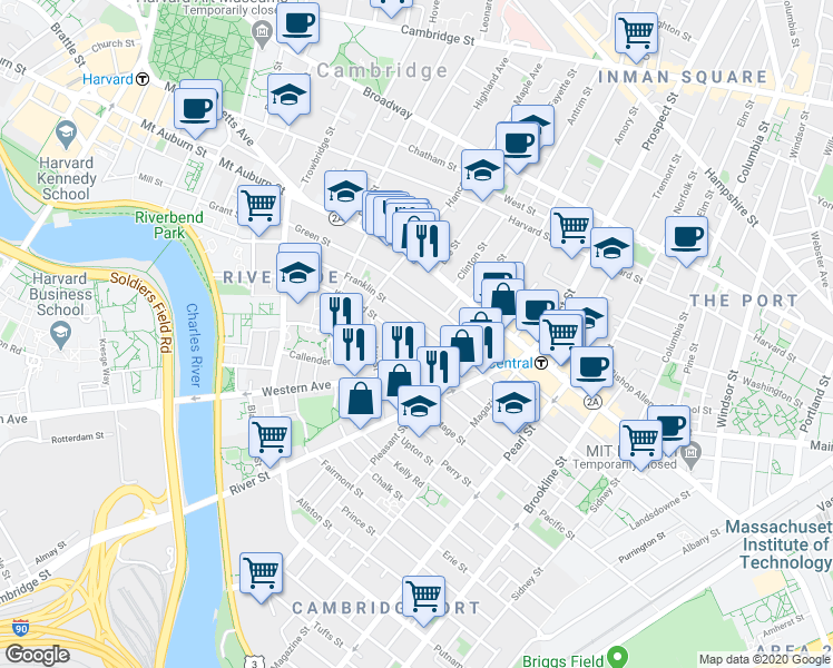 map of restaurants, bars, coffee shops, grocery stores, and more near in Cambridge