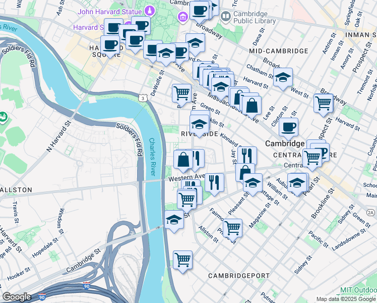 map of restaurants, bars, coffee shops, grocery stores, and more near in Cambridge