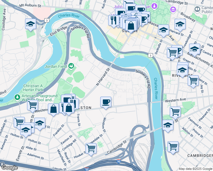 map of restaurants, bars, coffee shops, grocery stores, and more near 66 North Harvard Street in Boston