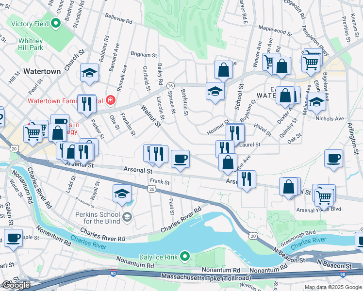 map of restaurants, bars, coffee shops, grocery stores, and more near 114 Walnut Street in Watertown