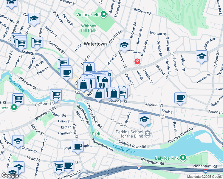 map of restaurants, bars, coffee shops, grocery stores, and more near 15 Patten Street in Watertown