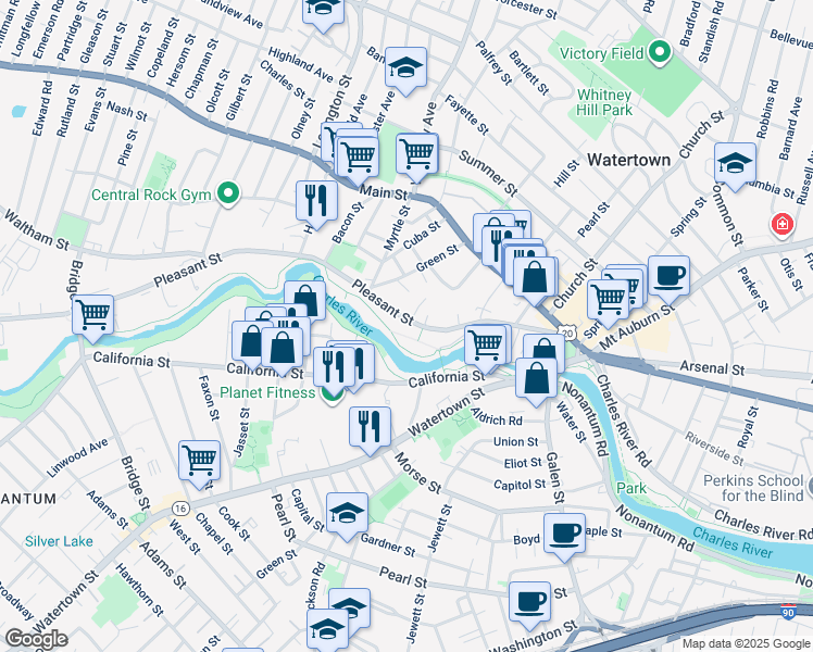 map of restaurants, bars, coffee shops, grocery stores, and more near 130 Pleasant Street in Watertown