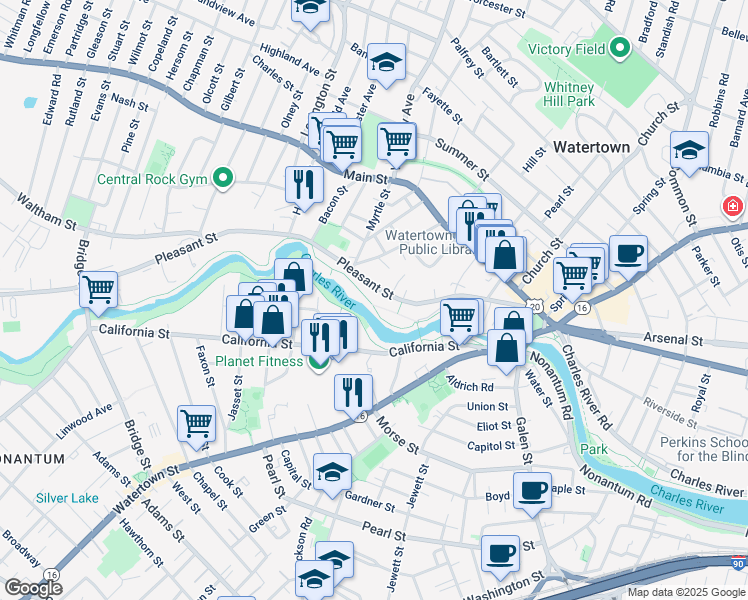 map of restaurants, bars, coffee shops, grocery stores, and more near 130 Pleasant Street in Watertown