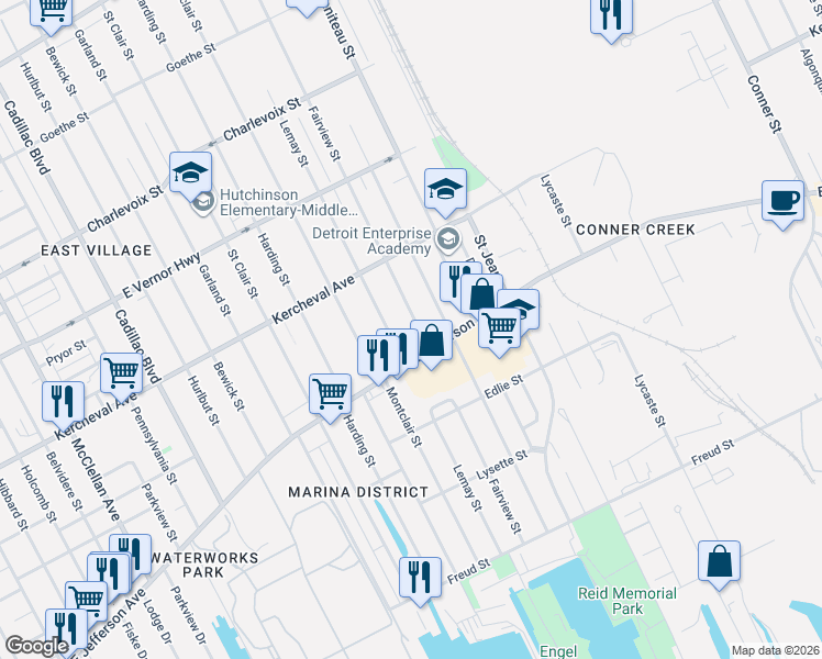 map of restaurants, bars, coffee shops, grocery stores, and more near 1525 Fairview Street in Detroit