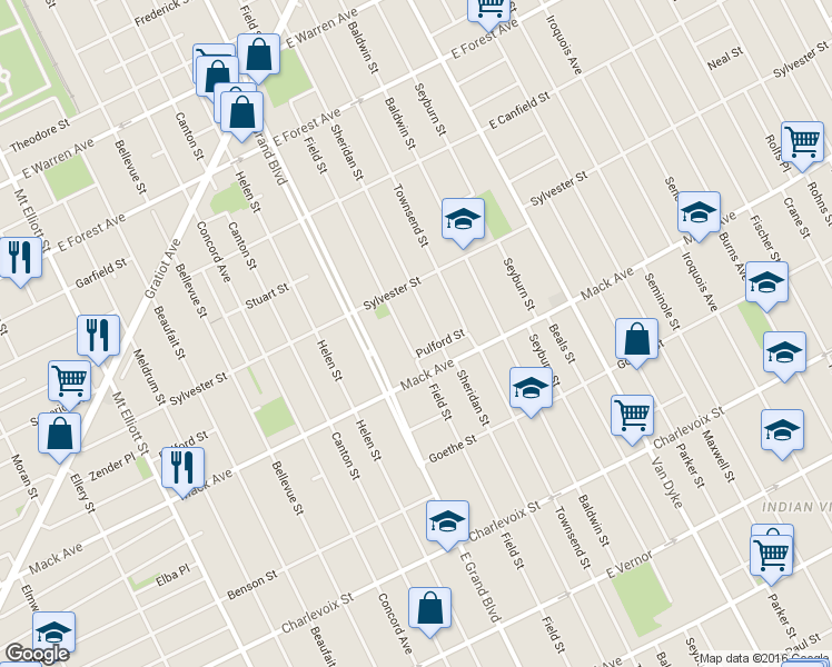 map of restaurants, bars, coffee shops, grocery stores, and more near 3665 Sheridan Street in Detroit