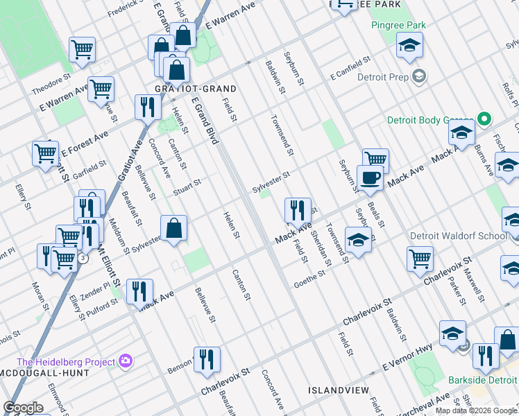 map of restaurants, bars, coffee shops, grocery stores, and more near 3695 Field Street in Detroit