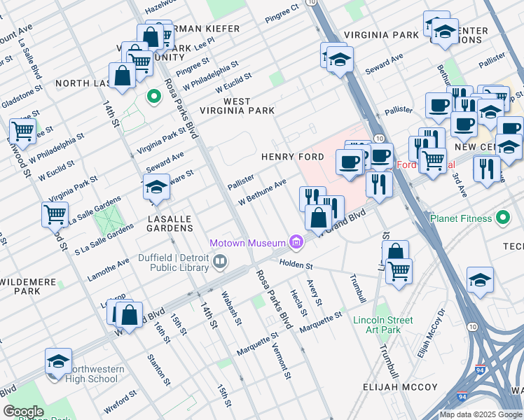 map of restaurants, bars, coffee shops, grocery stores, and more near 7434 Churchill Street in Detroit