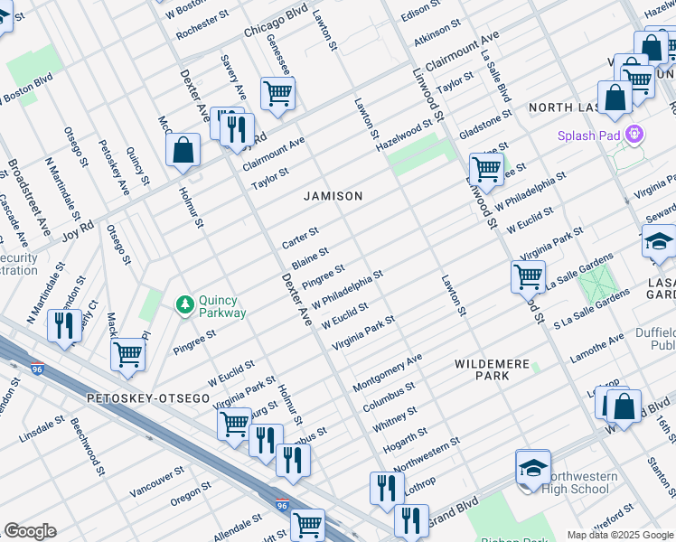 map of restaurants, bars, coffee shops, grocery stores, and more near 3265 Pingree Street in Detroit