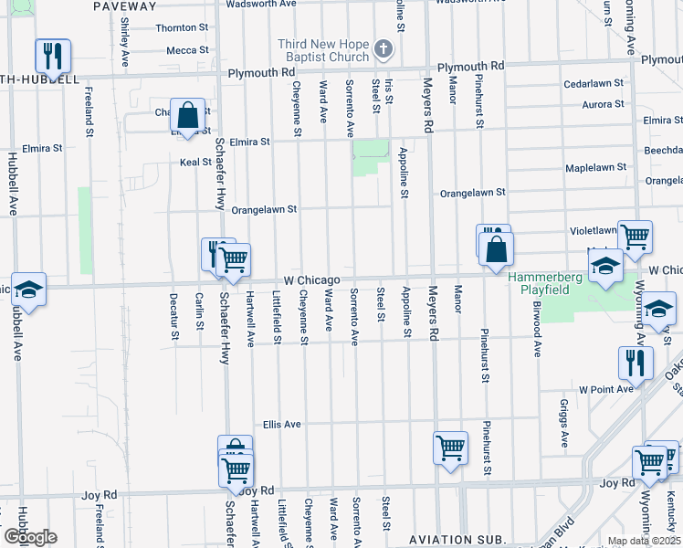 map of restaurants, bars, coffee shops, grocery stores, and more near 13024 West Chicago in Detroit