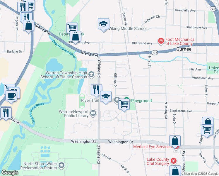 map of restaurants, bars, coffee shops, grocery stores, and more near 435 O'Plaine Road in Gurnee