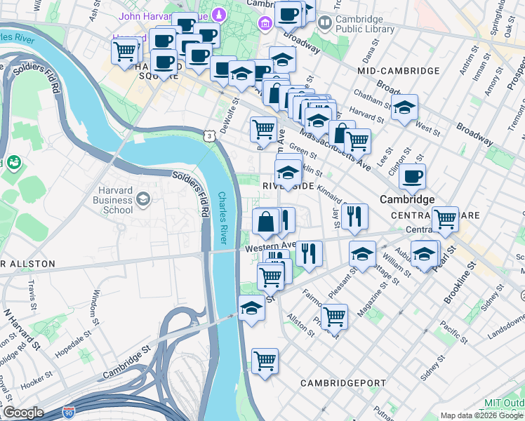 map of restaurants, bars, coffee shops, grocery stores, and more near 200 Banks Street in Cambridge