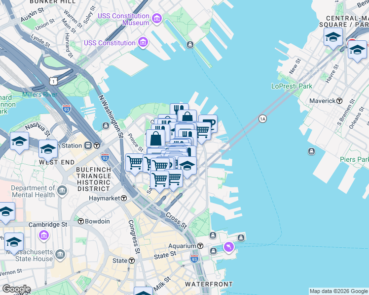 map of restaurants, bars, coffee shops, grocery stores, and more near 4 Charter Street in Boston