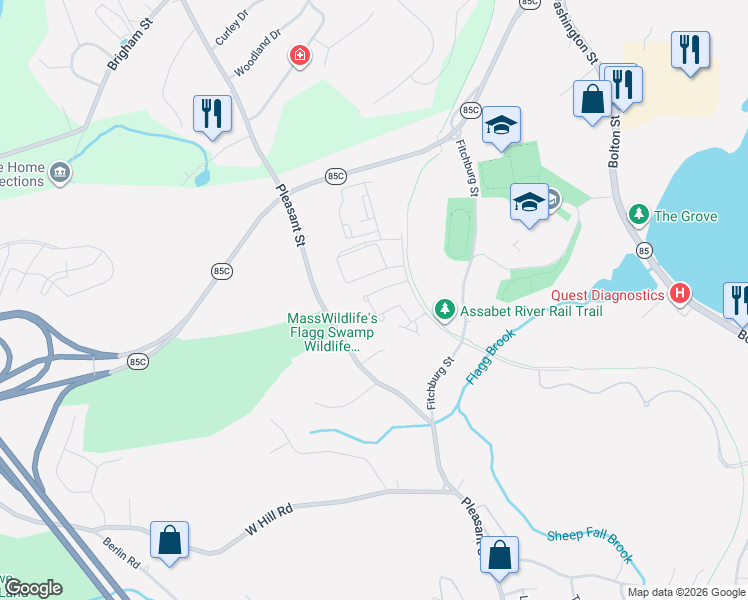 map of restaurants, bars, coffee shops, grocery stores, and more near 9 Bowood Lane in Marlborough