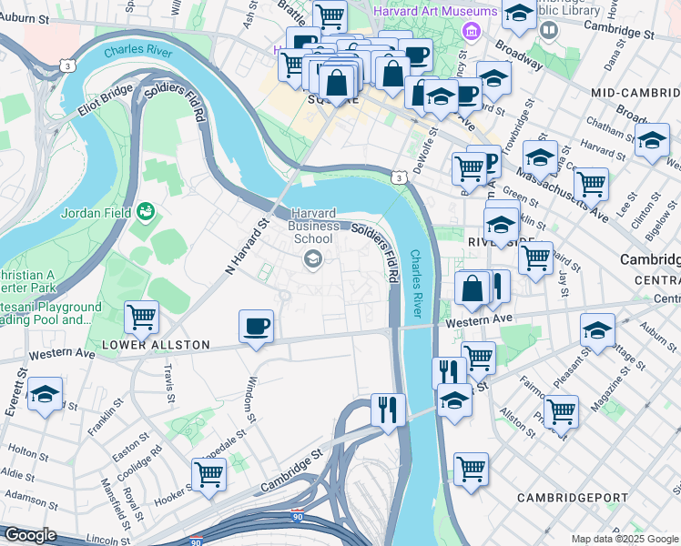 map of restaurants, bars, coffee shops, grocery stores, and more near 99 North Harvard Street in Boston