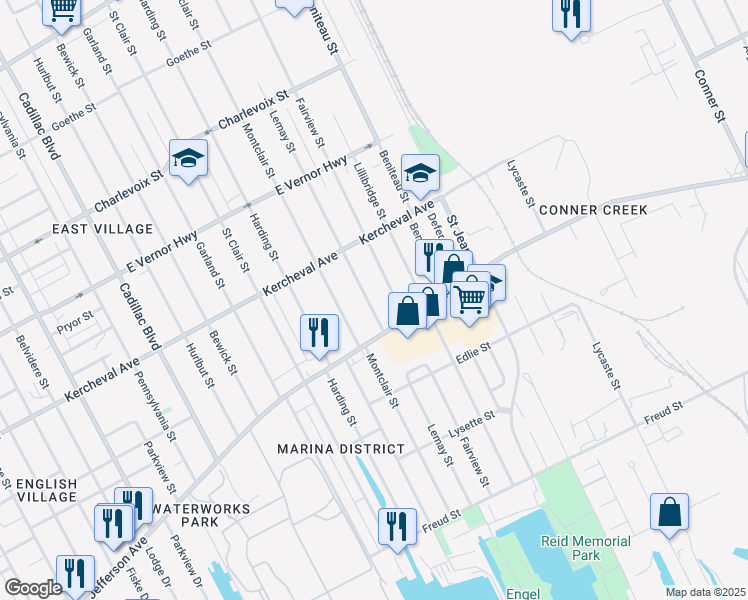 map of restaurants, bars, coffee shops, grocery stores, and more near 1575 Lemay Street in Detroit