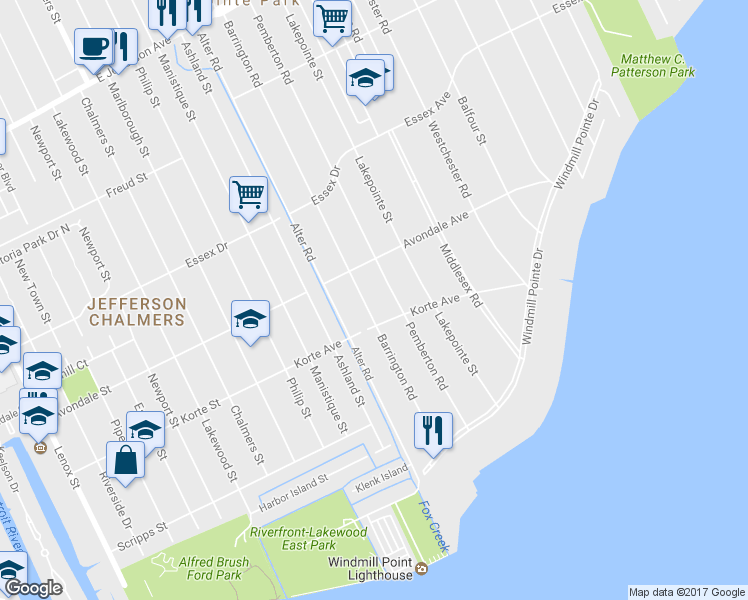 map of restaurants, bars, coffee shops, grocery stores, and more near 624 Barrington Road in Grosse Pointe Farms
