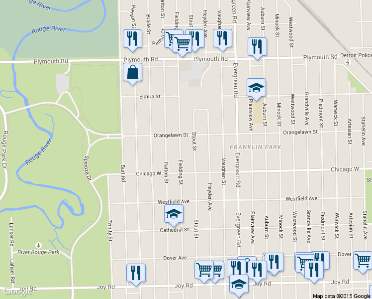 map of restaurants, bars, coffee shops, grocery stores, and more near 9600 Fielding Street in Detroit