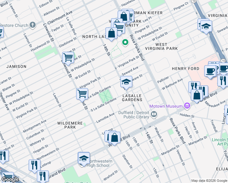 map of restaurants, bars, coffee shops, grocery stores, and more near 7750 LaSalle Street in Detroit