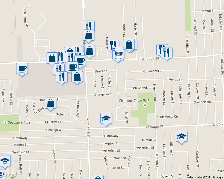 map of restaurants, bars, coffee shops, grocery stores, and more near 11056 Haller Street in Livonia