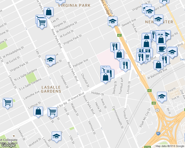 map of restaurants, bars, coffee shops, grocery stores, and more near 7404 Woodrow Wilson Street in Detroit