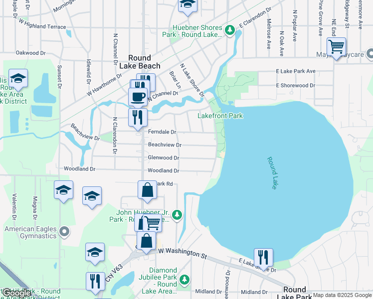 map of restaurants, bars, coffee shops, grocery stores, and more near 115 Beachview Drive in Round Lake Beach