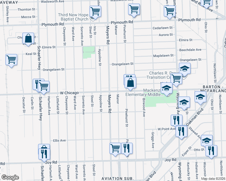 map of restaurants, bars, coffee shops, grocery stores, and more near 10824 West Chicago in Detroit