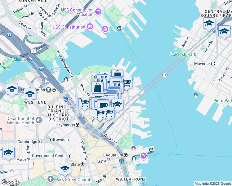 map of restaurants, bars, coffee shops, grocery stores, and more near 4 Charter Street in Boston