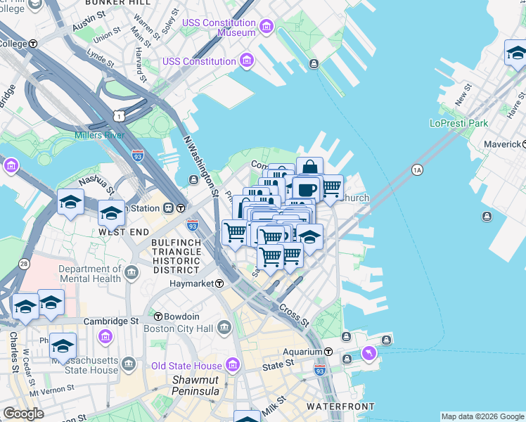 map of restaurants, bars, coffee shops, grocery stores, and more near 14 Sheafe Street in Boston