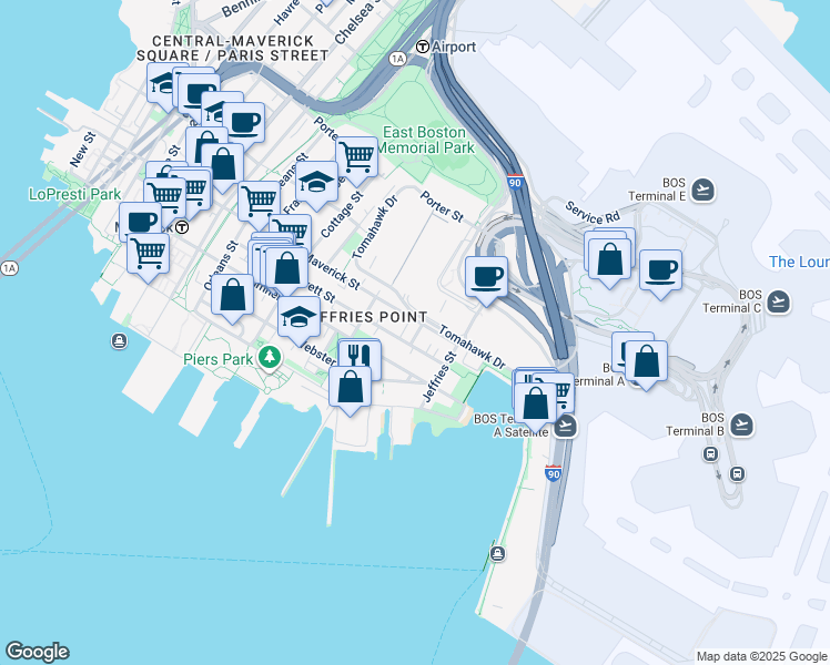 map of restaurants, bars, coffee shops, grocery stores, and more near 206 Everett Street in Boston