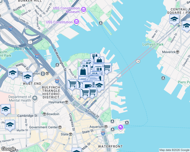 map of restaurants, bars, coffee shops, grocery stores, and more near 16 Charter Street in Boston