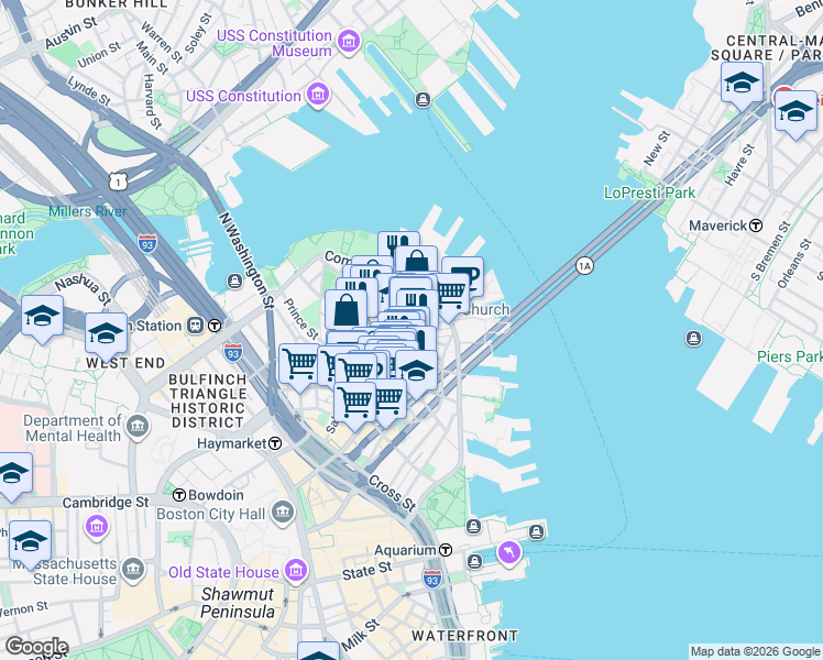 map of restaurants, bars, coffee shops, grocery stores, and more near in Boston