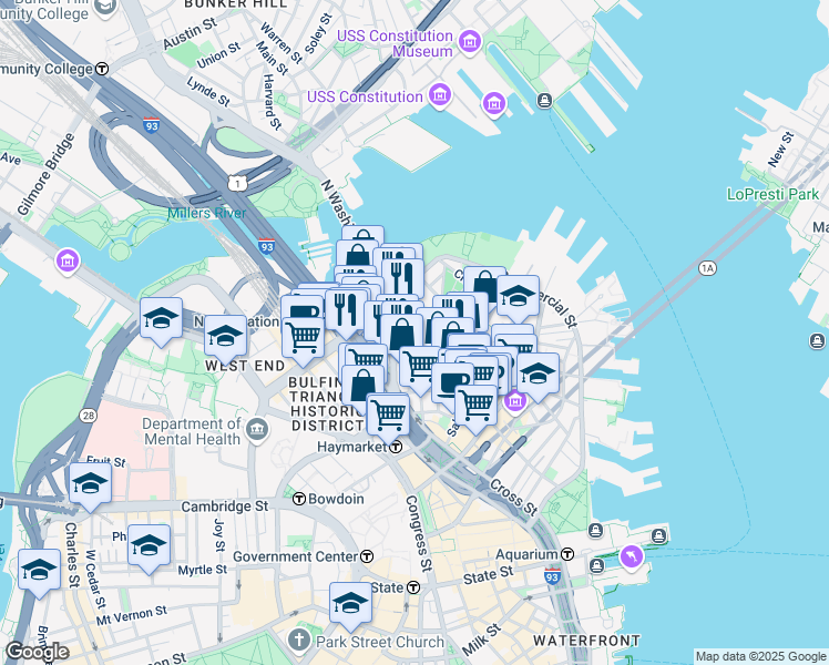 map of restaurants, bars, coffee shops, grocery stores, and more near 7 Endicott Court in Boston
