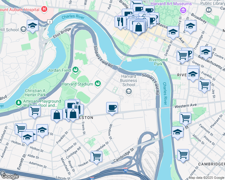 map of restaurants, bars, coffee shops, grocery stores, and more near 70 North Harvard Street in Boston