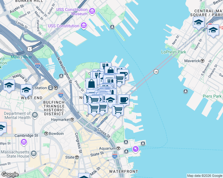 map of restaurants, bars, coffee shops, grocery stores, and more near 441-445 Hanover Street in Boston