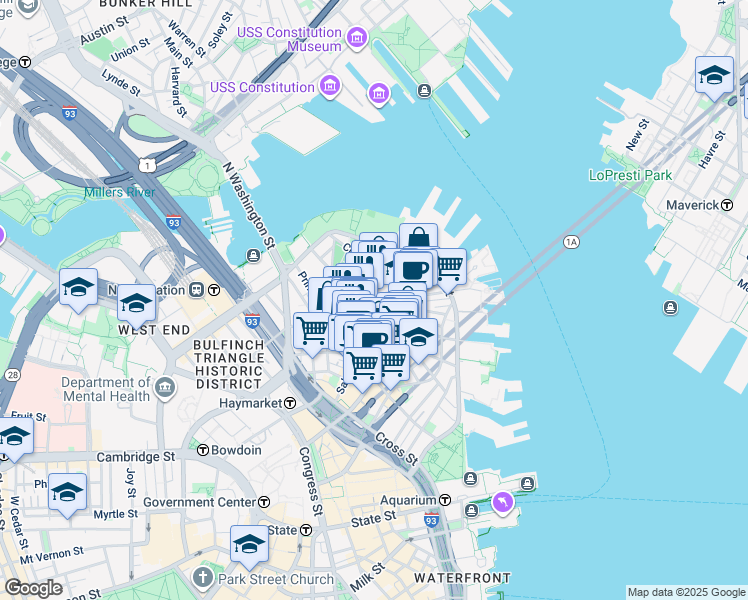 map of restaurants, bars, coffee shops, grocery stores, and more near in Boston