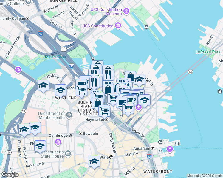 map of restaurants, bars, coffee shops, grocery stores, and more near 7 Endicott Court in Boston