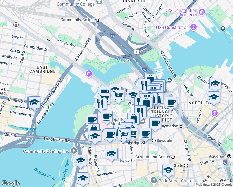 map of restaurants, bars, coffee shops, grocery stores, and more near 10 Whittier Place in Boston