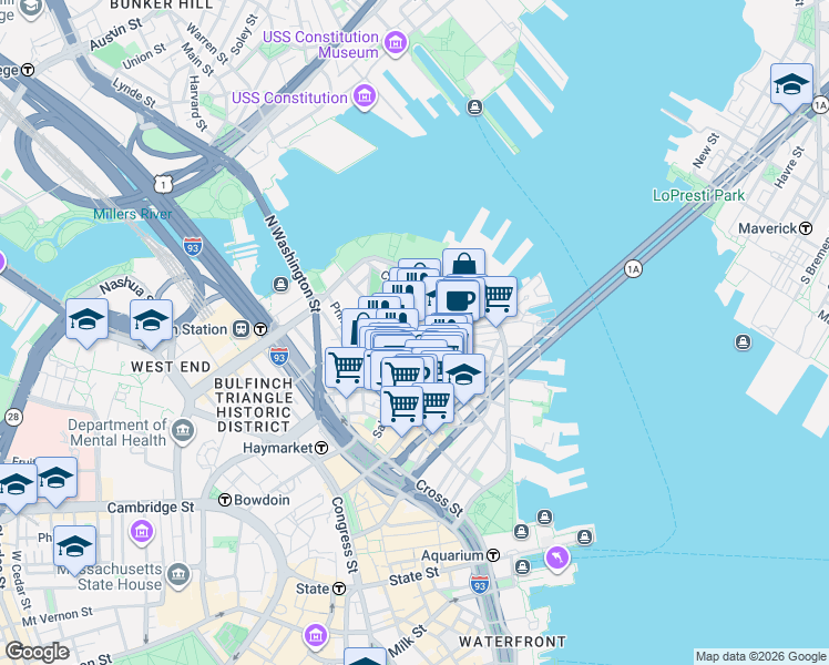 map of restaurants, bars, coffee shops, grocery stores, and more near in Boston