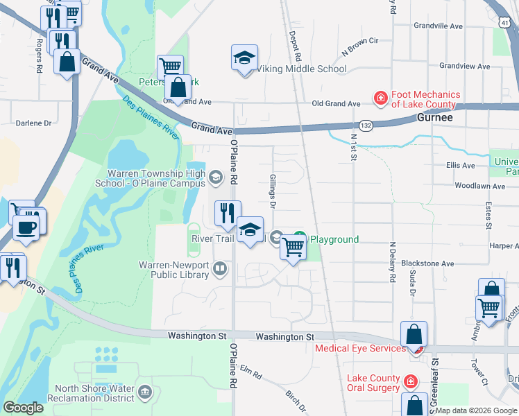 map of restaurants, bars, coffee shops, grocery stores, and more near 435 O'Plaine Road in Gurnee