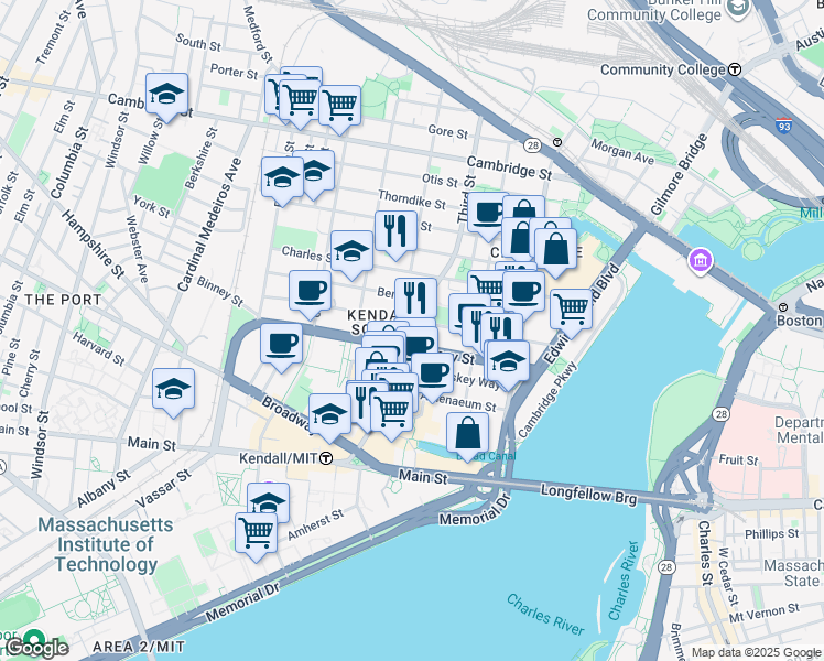 map of restaurants, bars, coffee shops, grocery stores, and more near 195 Binney St in Mid-Cambridge