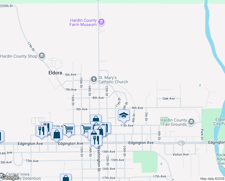 map of restaurants, bars, coffee shops, grocery stores, and more near 1102 8th Avenue in Eldora