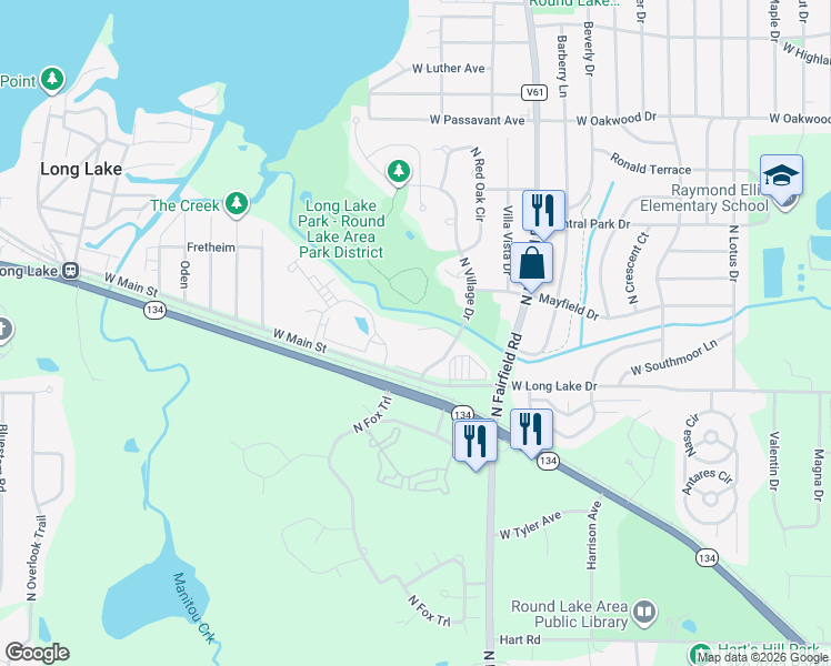 map of restaurants, bars, coffee shops, grocery stores, and more near 986 North Village Drive in Round Lake Beach