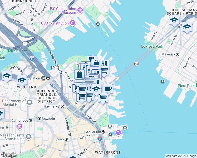 map of restaurants, bars, coffee shops, grocery stores, and more near 7 Powers Court in Boston