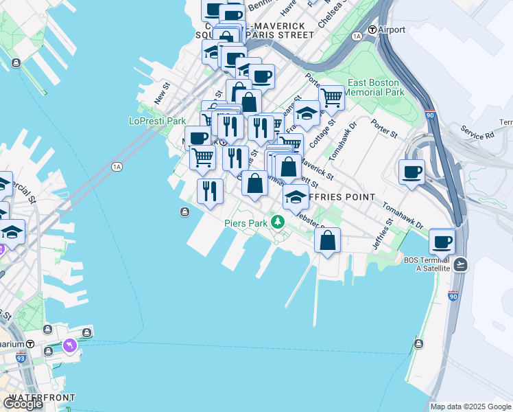 map of restaurants, bars, coffee shops, grocery stores, and more near 110A Marginal Street in Boston