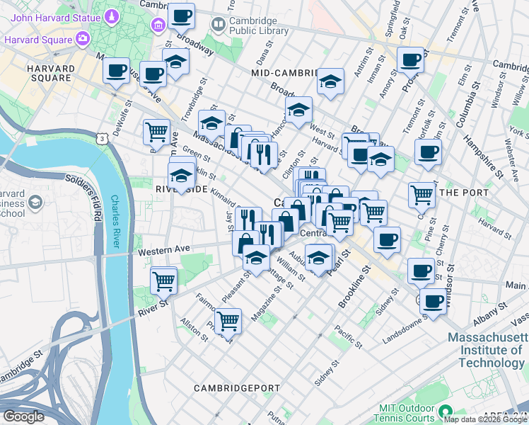 map of restaurants, bars, coffee shops, grocery stores, and more near 345 Franklin Street in Cambridge