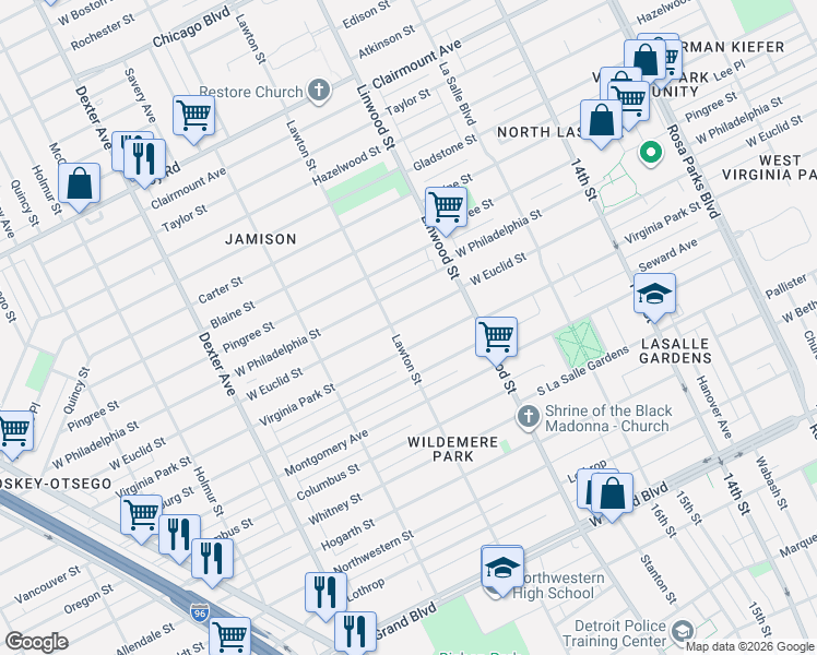 map of restaurants, bars, coffee shops, grocery stores, and more near 2710 Virginia Park Street in Detroit