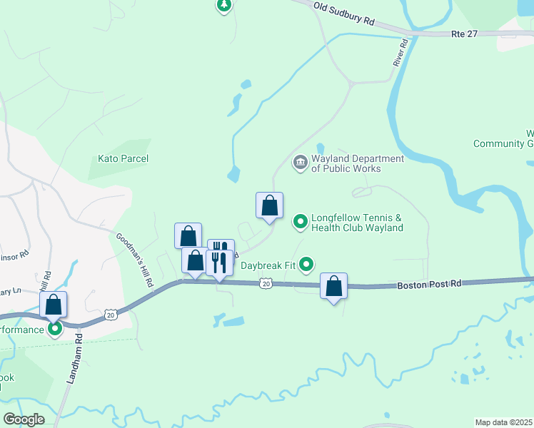 map of restaurants, bars, coffee shops, grocery stores, and more near 111 River Road in Sudbury
