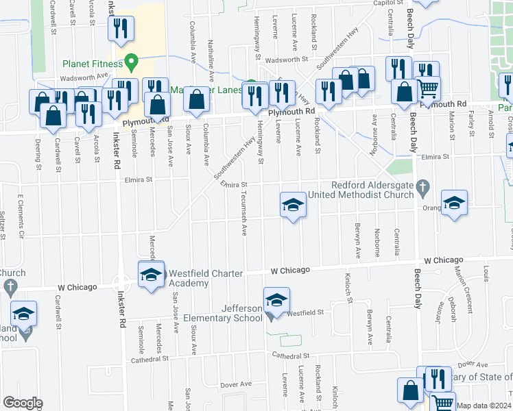 map of restaurants, bars, coffee shops, grocery stores, and more near 9935 Hemingway in Redford Charter Township