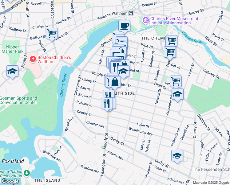 map of restaurants, bars, coffee shops, grocery stores, and more near 596 Moody Street in Waltham