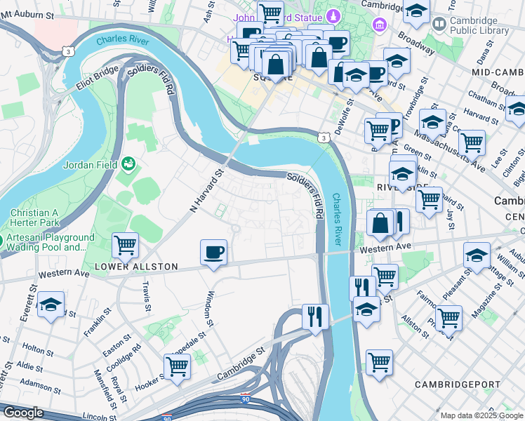 map of restaurants, bars, coffee shops, grocery stores, and more near 35 - 37 Harvard Way in Boston